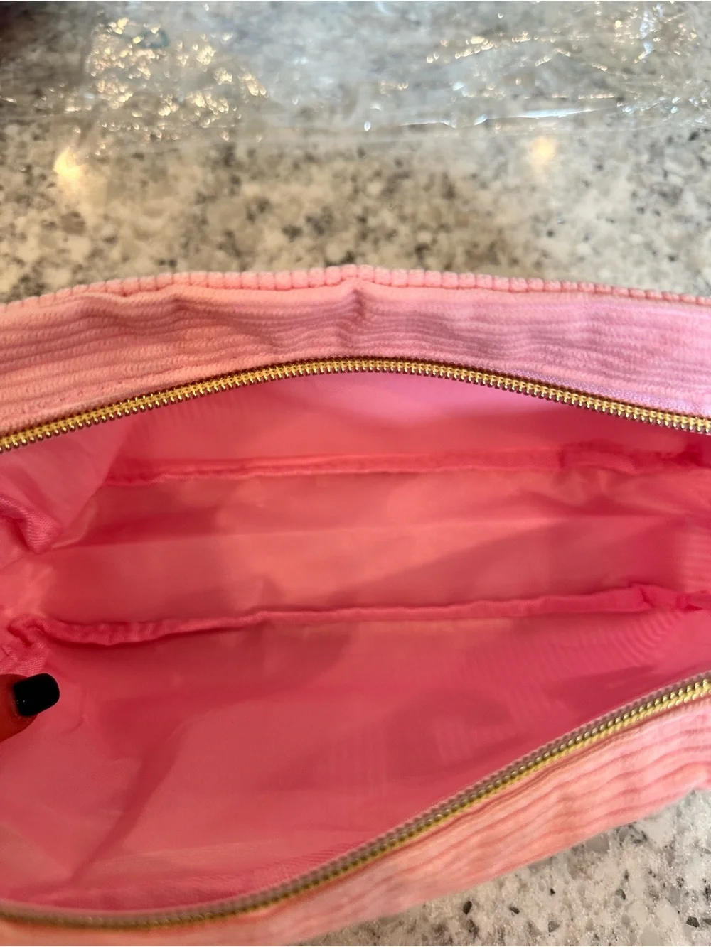 Pink Corduroy Cosmetic Pouch with 'FACE' Appliqué